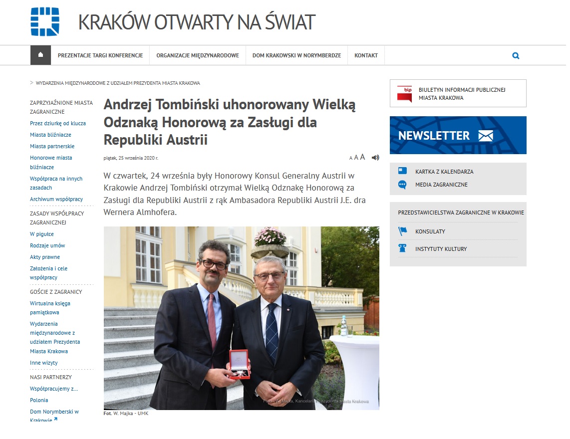 Andrzej Tombiński uhonorowany za Zasługi dla Republiki Austrii